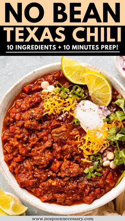 This TEXAS NO BEAN CHILI recipe is hearty, thick and jam packed with flavor. Featuring tender crumbles of beef, veggies and tomatoes – without a bean in sight! With just 10 MINUTES of hands on prep and 10 INGREDIENTS, this all meat chili recipe is so easy to prepare, can be made in advance and freezes beautifully. This meat lover's dream is a comforting dinner you and your family will love! Chili Recipes Without Beans, Homemade No Bean Chili Recipe, Impossible Meat Chili Recipe, Best Chili Recipe No Beans, Easy No Bean Chili Recipes, Spicy Chili No Beans, Brainless Chili Recipe, Chilli Recipe Without Beans, All Meat Chili Recipe No Beans