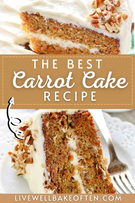 This Carrot Cake recipe from Live Well Bake Often is honestly the BEST! Not only is this carrot cake easy to make, but it’s so incredibly moist and full of flavor that it’s almost impossible to stop at one piece. The cream cheese icing is so yummy and creamy! This recipe is perfect for parties, holidays, and anytime you need a delicious dessert! Try the best carrot cake recipe today! Carrot Cake Recipe Homemade, Best Carrot Cake Recipe, Live Well Bake Often, The Best Carrot Cake, Carrot Cake Recipe Easy, Homemade Carrot Cake, Best Carrot Cake, Slow Cooker Desserts, Homemade Cake Recipes