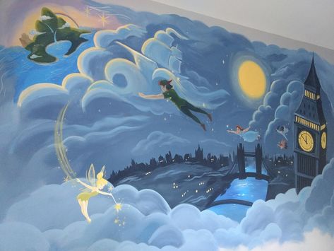 Peter Pan Mural Nursery, Disney Mural Ideas, Nursery Room Murals, Nursery Disney Theme, Peter Pan Painting Ideas, Peter Pan Mural, Peter Pan Room Ideas, Disney Mural Painting, Peter Pan Bedroom Ideas