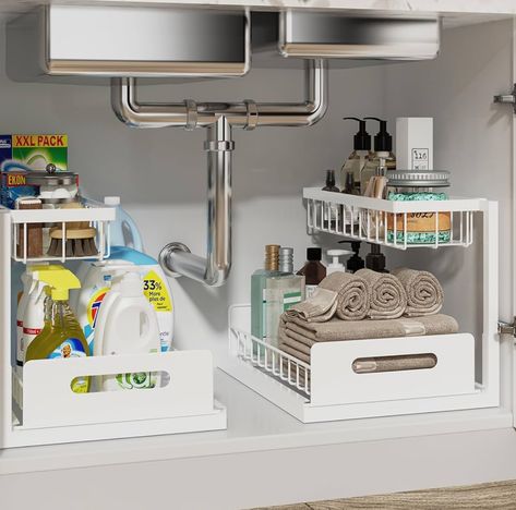 This organizer features an L-shaped design with a narrow top and wide bottom, leaving space for plumbing and garbage disposal, maximizing the vertical space of the sink. Desinged with a sliding drawer to easily access items stored on the bottom. #ad #organizedkitchen #organizedhome #storageandorganization #storageideas #kitchenstorageideas #kitcheninspiration #organization #homedesign #undersinkorganization Under Sink Organizer, Pull Out Cabinet, Sink Shelf, Kabinet Dapur, Shelf Cabinet, Under Sink Storage, Under Sink Organization, Cabinet Organizer, Shelving Racks