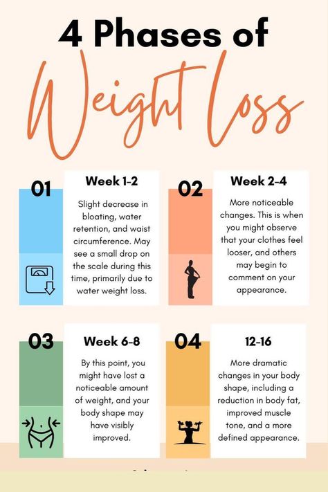 A motivational infographic titled "4 Phases of Weight Loss," featuring a timeline of weight loss milestones from weeks 1–16. Includes colorful illustrations and textual descriptions of changes like reduced bloating, improved body shape, and muscle tone. Weekly Gym Workouts, New To The Gym, How To Build Strength, Gym Tips For Beginners, Gym Etiquette, Full Body Training, Fitness Vision Board, Workout Goals, Building Confidence