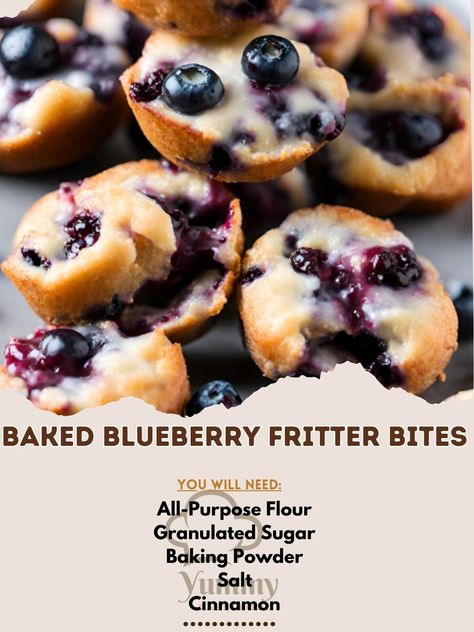 Indulge in Baked Blueberry Fritter Bites! 🫐✨ Bite-sized, bursting with berries, and blissfully baked. #BlueberryBliss #BakedFritters Baked Blueberry Fritter Bites Recipe 🍩🍇 Ingredients: All-Purpose Flour (250g): 250g Granulated Sugar (100g): 100g Baking Powder (1 tbsp): 15g Salt (1/2 tsp): 2.5g Cinnamon (1 tsp): 5g Milk (120ml): 120g Egg (1): 1 Vanilla Extract (1 tsp): 5ml Butter (melted, 50g): 50g Blueberries (fresh, 150g): 150g For the Glaze: Powdered Sugar (200g): 200g Milk or Lemon Juice... Blueberry Fritter Bites, Blueberry Fritter, Fritter Bites, Recipe Ingredients, Drink Ideas, Bite Size, Granulated Sugar, Powdered Sugar, Purpose Flour