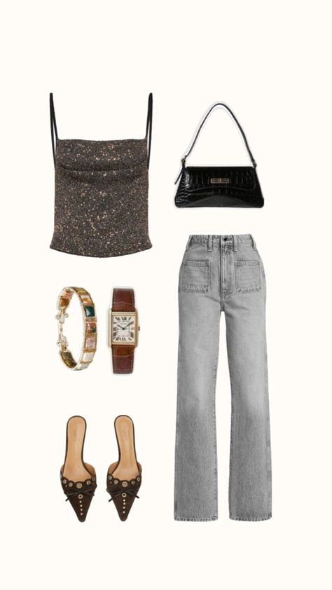 sparkly going out top | outfit ideas | new years eve outfit Bday Party Guest Outfit Casual, Sparkly Purse Outfit, New Years Outfit Cold Weather, Going To A Birthday Party Outfit, New Years Eve Outfits With Jeans, New Years Jeans Outfit, New Year’s Eve Bar Outfit, Going To The Club Outfits, Warm Nye Outfit