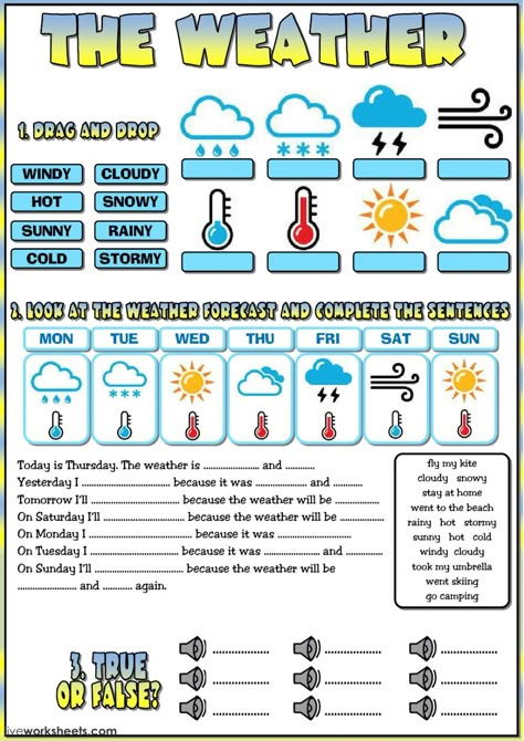 The weather English as a Second Language (ESL) worksheet. You can do the exercises online or download the worksheet as pdf. Weather Worksheets 2nd Grade, Weather Instruments Worksheet, Weather Exercises English, Kinds Of Weather Worksheet, Weather Esl Worksheet, Weather Esl, Weather Weather, Weather Activity, Weather Worksheets