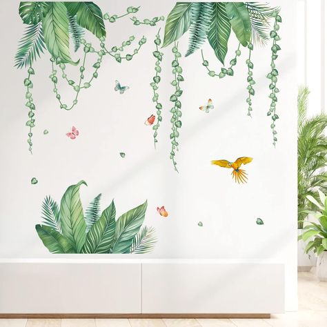 decalmile Tropical Leaves Wall Decals Hanging Vines Green Plants Wall Stickers Living Room Bedroom Office Wall Decor Safari Mural, Wall Decals Living Room, Plants Wall, Hanging Vines, Vine Wall, Flower Wall Stickers, Wall Stickers Bedroom, Wall Stickers Living Room, Background Decoration