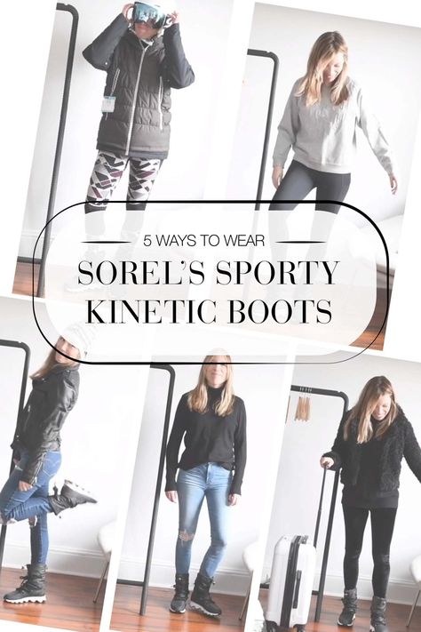 5 WAYS TO WEAR THE SPORTY SOREL KINETIC BOOTS | Sorel Kinetics are more of a sneaker/winter boot hybrid: comfy enough for city walking & warm enough to play in the snow. For travel, après-ski & daily. | #TheMomEditStyle #WinterBootOutfits #SorelKineticBoots #TravelOutfits #StreetStyleAesthetic #WinterWorkoutOutfits #ApresSkiOutfits #SneakerBoots #SportyBoots Sorel Kinetic Conquest Boot Outfit, Sorel Conquest Boots Outfit, Sorel Out N About Boots Outfit, Sorel Kinetic Boot Outfit, Sorel Kinetic Sneakers Outfit, Sorel Sneakers Outfit, Low Sneakers Outfit, How To Style Hiking Boots, Sneaker Boots Outfit