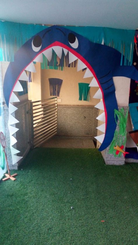 Under The Sea Office Theme, Under The Sea School Dance Theme, Under The Sea Hallway Theme, Ocean Theme School Decorations, Ocean Theme School Hallway, Under The Sea Door Theme, Shark Door Decorations Classroom, Ocean Themed Door Decorations, Underwater Door Decorations