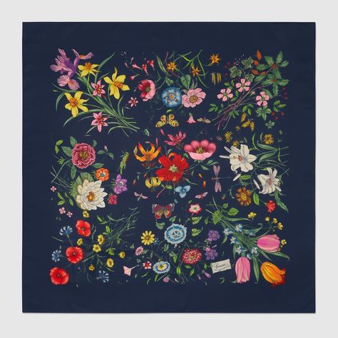 Shop the Flora print silk carré in blue at GUCCI.COM. Enjoy Free Shipping and Complimentary Gift Wrapping. Agriculture Projects, Gucci Floral, Flora Print, Gucci Scarf, Floral Overlay, Italy Print, Printed Silk Scarf, Monogram Prints, Silk Twill