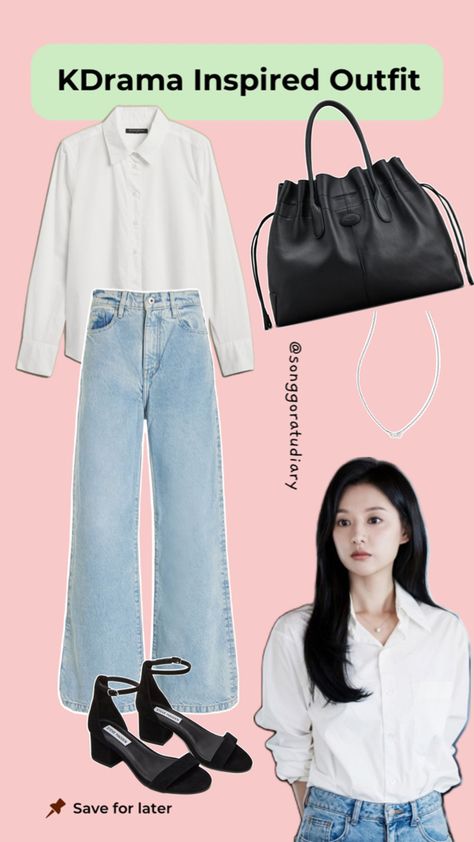 Hong Hae In Kim Ji Won Queen of Tears KDrama Inspired Outfit Casual Formal OOTD Block Heels Outfit, Formal Ootd, How To Style Wide Leg Jeans, Blue Wide Leg Jeans, Style Wide Leg Jeans, Wide Leg Jeans Outfit, Summer Office Outfits, Classic Style Outfits, Black Block Heels