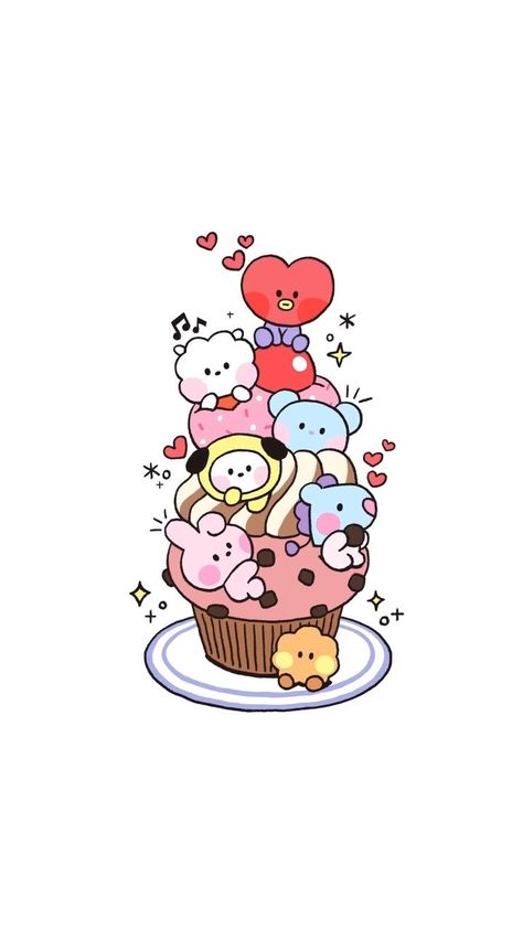 A still from a recent reel posted by BT21 on Instagram featuring Mang, Cooky, Chimmy, Koya, RJ, and Tata stacked on top of a cupcake with three different layers of icing and a cherry on top. Shooky is leaning against the base of the cupcake. ليلو وستيتش, Cupcake Art, Cuddle Buddy, Cute Doodles Drawings, Cute Kawaii Drawings, Cute Doodle Art, Cartoon Background, Kawaii Doodles, Dessin Adorable