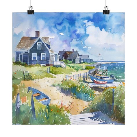 Nantucket Painting, Massachusetts Coastal Art Print, Seascape Watercolor Print, Beach House Wall Decor, Cape Cod Travel Poster, Travel Gift Cape Cod Travel, Seaside Paintings, Beach House Wall Decor, Watercolour Inspiration, Beach Print, Coastal Art, Beach Scenes, Nantucket, Watercolor Art Prints