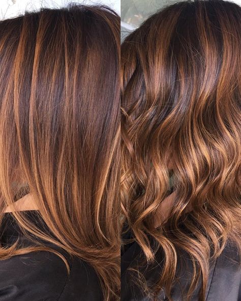 Strawberry Blonde Balayage On Brown Hair, Copper Brown Balayage Brunettes, Strawberry Blonde Balayage Brunette, Brown Hair Copper Highlights, Strawberry Blonde Highlights Brown Hair, Copper Brown Balayage, Straight Hair Color Ideas, Dark Copper Balayage, Dark Copper Balayage Brunette