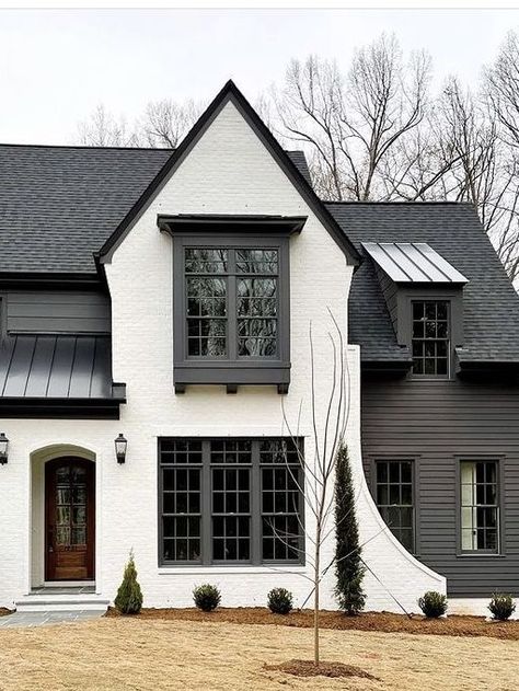 Houses With Black Trim, Modern Tudor House Exterior, White Houses With Black Trim, Home Exterior Colors Schemes, Tudor House Exterior, White Exterior Houses, Transitional Exterior, Home Exterior Makeover, Tudor Style Homes