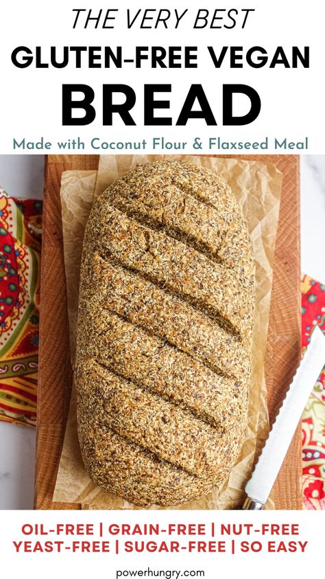 The very best GRAIN-FREE VEGAN GLUTEN-FREE BREAD!!! My Vegan Coconut Flour Flax Bread is fast & easy to make, oil-free, yeast-free, & sugar-free, too. #vegan #coconutflour #glutenfree #flax #yeastfree #oilfree #vegancoconutflourbread #veganglutenfreebread #grainfreeveganbread #veganflaxbread #coconutflourbread #bestglutenfreeveganbread #nutfree #cleanbread #cleaneating #cleaneats #flax Flax Bread, Flaxseed Bread, Vegan Loaf, Gluten Free Vegan Bread, Coconut Flour Bread, Grain Free Bread, Bread Alternatives, Recipes Bread, Gluten Free Recipes Bread