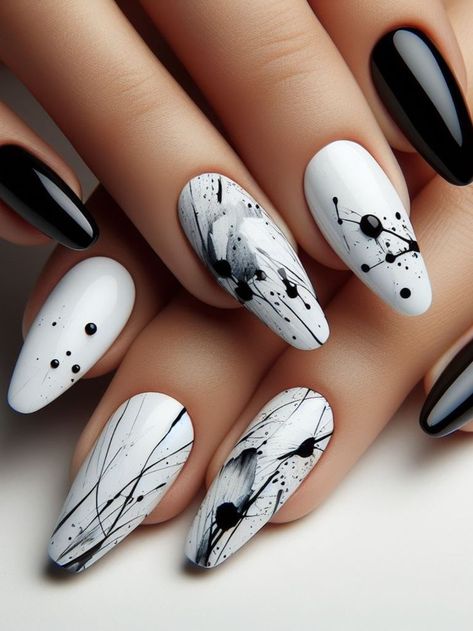 A minimalist black and white nail design with abstract brush strokes and splatters, creating a dynamic and artistic effect Black Splatter Nails, Brush Strokes Nails, Nail Design With Stickers, Nail Art Designs Black And White, Grey And Black Nails Designs, Black Minimalist Nails, Modern Art Nails, Stray Kids Inspired Nails, Black And White Nails Designs