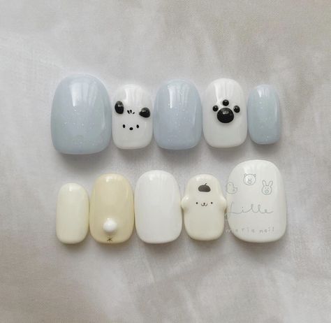 Sanrio Nails Pochacco, Sanrio Nail Art Pochacco, Ditto Nails, Cute Japanese Nails, Japanese Gel Nail Designs, Purple Black Party, Seventeen Nails, Pompompurin Nails, Pochacco Nails