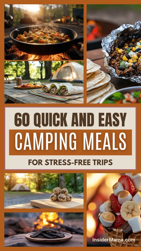 Save time and energy with 60 quick and easy camping meals. This list has kid-friendly options, campfire dinners, and healthy camping food that are perfect for outdoor cooking. Whether you’re planning prepare-ahead meals or need easy family camping meals, these recipes are a must. Enjoy stress-free cooking with simple meals that everyone will love. Keep your family happy, full, and ready for adventure with these tasty camping recipes! Dinner For Camping Ideas, Camping Menus Meal Planning, Easy Camping Meals Breakfast, Ideas For Camping Meals, Food For Camping Trip, Cabin Food Weekend, Snack Ideas For Camping, Winter Camping Meals, Cute Campsite Setup