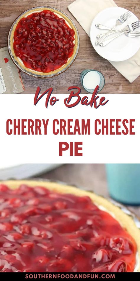 This No Bake Cherry Cream Cheese Pie is a delightfully easy to make pie that is perfect year round for any occasion. Kids and adults love it! This is a great make-ahead recipe that will keep in the refrigerator for a couple of days before you need it. No Bake Cherry Pie, Cherry Cheese Pie, Cherry Cream Cheese Pie, Cherry Cream Cheese, Homemade Pie Recipes, Classic Southern Recipes, Cream Cheese Pie, Southern Desserts, Cheese Pie