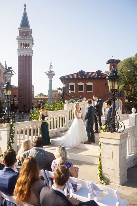 Just as Bailey and Allen reached the altar, EPCOT's welcome announcement blared over the speakers, interrupting their ceremony but adding a unique moment of levity that ended up being one of Bailey's favorite memories of her wedding day! Epcot Wedding, Disney World Wedding, Disney Boardwalk, Disney Bride, Dessert Party, Disney Fairy Tale Weddings, Grand Floridian, Tower Of Terror, Fireworks Show