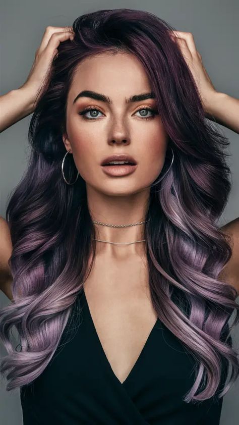 Long Bob Purple Hair, Dark Violet Hair With Highlights, Smokey Lavender Hair Brunette, Purple Shades Hair, Dark Fall Hair Color For Brunettes 2024, Dark Brown Hair With Purple Underneath, Violet Sorrengail Hair, Black And Violet Hair, Plum Hair With Blonde Highlights