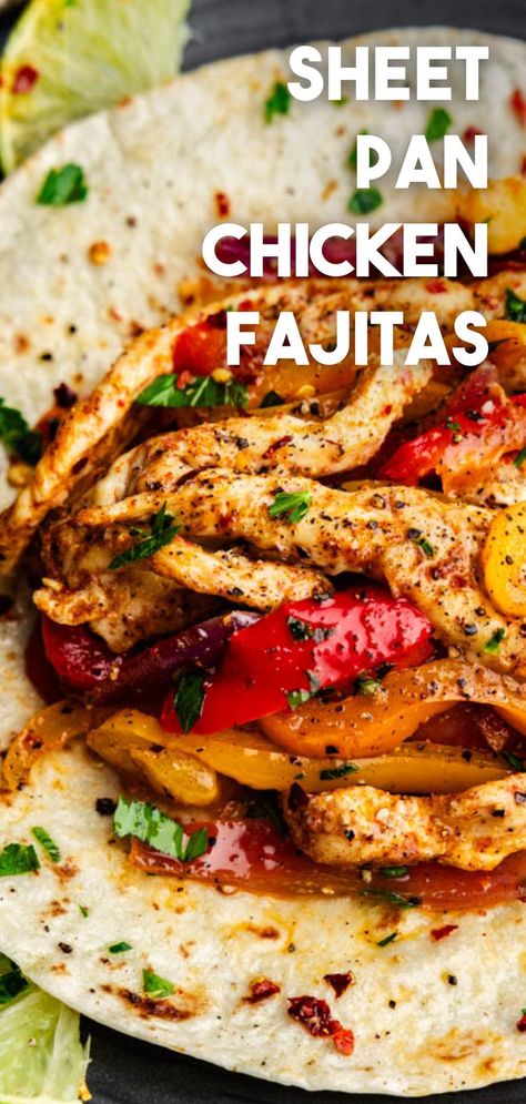 A flour tortilla filled with juicy seasoned chicken fajitas. Healthy Lemon Chicken, Mexican Fajitas, Sheet Pan Fajitas, Pan Fajitas, Tasty Chicken Recipes, Sheet Pan Chicken Fajitas, Sauteed Onions, Pan Dishes, The Stay At Home Chef