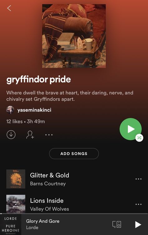 Gryffindor Playlist Songs, Gryffindor Songs, Gryffindor Playlist, Hogwarts Songs, Harry Potter Friendship, Playlist Vibes, Hogwarts Quotes, Spotify Ideas, Gryffindor Pride