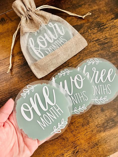 "-4\" round -Clear Acrylic -Acrylic Paint -Vinyl Font -Great milestone markers for baby pictures!" Acrylic Monthly Milestone, Acrylic Rounds Ideas, Vinyl Projects Ideas, Profitable Crafts, Hd Designs, Paint Vinyl, Milestone Markers, Calligraphy Gifts, Birth Stats Sign