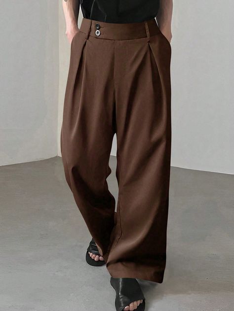 Manfinity Hypemode Loose Fit Men's Solid Color Pleated Wide-Leg TrousersI discovered amazing products on SHEIN.com, come check them out! Wide Leg Mens Pants, High Waisted Pants Men, Shein Outfits Men, Pleated Trousers Men, Brown Clothes Aesthetic, Baggy Dress Pants, Brown Trousers Outfit, Tan Clothes, Mens Pleated Pants