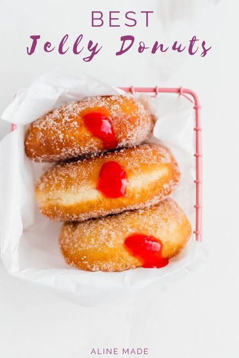 Homemade jelly filled donuts recipe with strawberry rhubarb jam – you can’t miss this fluffy sugar cinnamon coated deliciousness. #jelly #donut #recipe #easy #doughnut #strawberryjam #filled Jelly Filled Donuts Recipe, Fall Chocolate Cake, Strawberry Rhubarb Jelly, Pie Dessert Recipes, Rhubarb Jelly, Berries Smoothie, Cake For Two, Homemade Dessert Recipes, Strawberry Rhubarb Jam