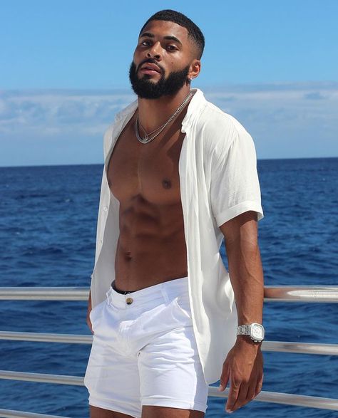 Gay Costume, Vacation Outfits Men, Johnny Lee, Cruise Wear, The Boat, Vacation Outfits, Black Men, White Undershirt, White Shorts