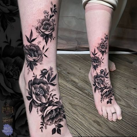 Full Leg Flower Tattoo, Black And Grey Floral Tattoo, Ankle Tats, Full Leg Sleeve, Rosé Legs, Calf Tattoos For Women, Flower Leg Tattoos, Lower Leg Tattoos, Ankle Tat