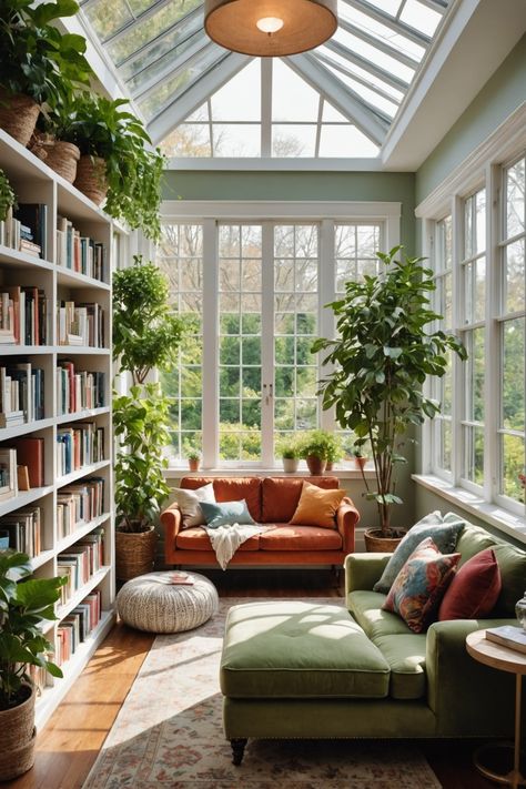 21 Cozy Reading Nook Ideas – The Dear Lab Small Sunroom Library, Sunroom With Bookshelves, Sunroom With Built In Shelves, Reading Room Conservatory, Kids Playroom Ideas Sunroom, House Reading Nook, Conservatory Bookshelves, Conservatory Library Ideas, Sunroom With Plants And Books