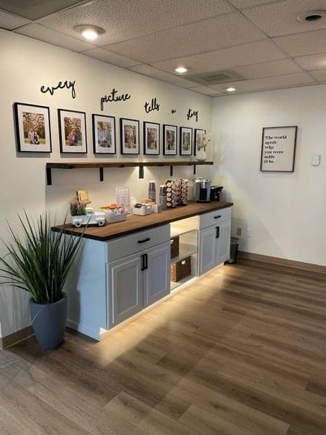 Diy Coffee Bar With Cabinets, Basement Coffee Bar, Basement Cabinet Ideas, Diy Coffee Bar Ideas, Family Basement, Kitchen Desk Areas, Kitchenette Design, Office Coffee Bar, Community Room