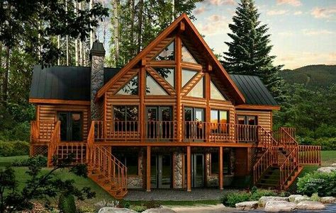 walkout basement with upper deck and sloped sides Log Home Flooring, Log Cabin House, Log Home Plan, Log Home Floor Plans, Log Home Plans, Cabin Home, Cabin Floor, Cabin Floor Plans, Cabin House