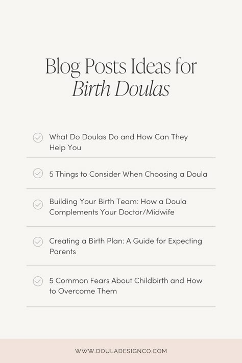 Struggling to attract more birth clients? Kickstart your doula website's blog with these powerful post ideas! Cover essential topics from creating effective birth plans to addressing common childbirth fears. Establish your expertise and form meaningful connections with expecting parents. Craving more insights? Follow us for more helpful tips @douladesignco on Instagram! #doula #doulabusiness #doulawebsite #birthdoulawebsite #websitetemplates #doulamarketingideas Doula Post Ideas, Doula Affirmations, Doula Content, Doula Marketing, Doula Aesthetic, Doula Branding, Mother Tips, Doula Resources, Doula Tips