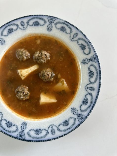 Grandma's Armenian Meatball Soup Armenian Meatball Soup, Soup With Chicken, Red Pepper Paste, Aleppo Pepper, Pomegranate Salad, Pepper Paste, Meatball Soup, Parsley Potatoes, Beef Chili