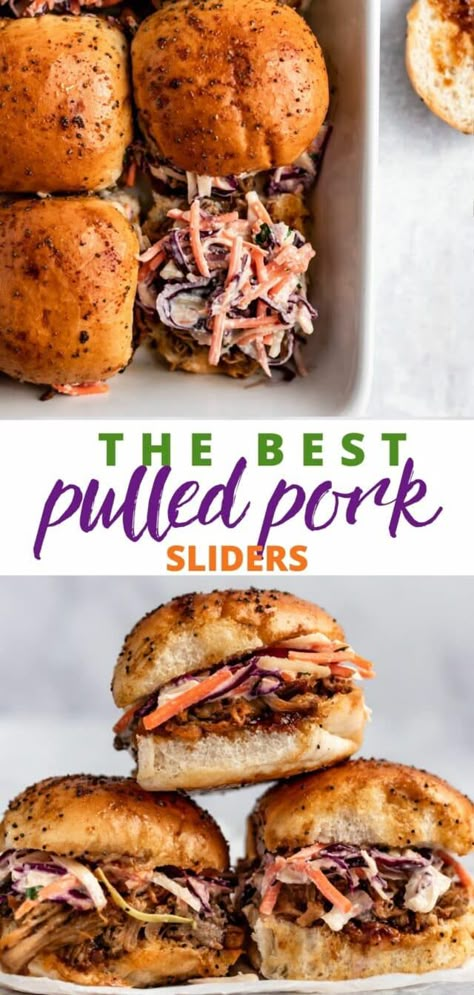 Easy Pulled Pork Sliders - super quick & full of flavor! Quick Pulled Pork, Pulled Pork And Coleslaw, Warm Sandwiches, Pulled Pork Salad, Pork Sliders Recipes, Hearty Sandwiches, Easy Pulled Pork, Slider Sandwiches, Pulled Pork Sliders