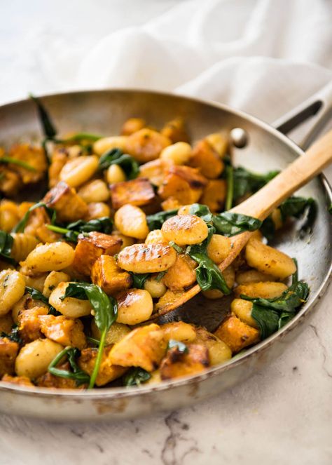 Pan Fried Gnocchi with Pumpkin and Spinach - Golden crispy on the outside, soft on the inside, with a butter sage sauce, roasted pumpkin and spinach. www.recipetineats.com Gnocchi Pumpkin, Recipe Tin Eats, Fried Gnocchi, Pan Fried Gnocchi, Thanksgiving Diner, Pumpkin Spinach, Tin Eats, Pumpkin Gnocchi, How To Cook Gnocchi