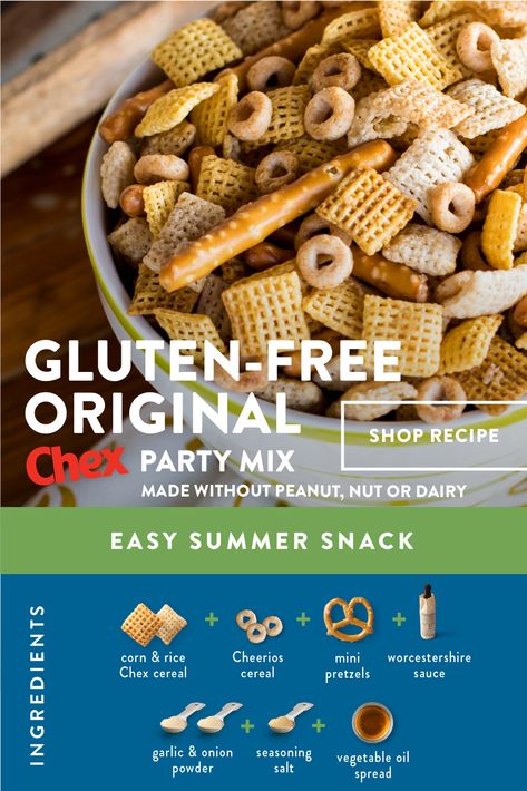 Gluten Free Chex Recipes, Gluten Free Chex Mix Recipes, Gfdf Recipes, Original Chex Party Mix, Chex Party Mix Recipe, Gluten Free Chex, Easy Summer Snacks, Chex Mix Recipes Original, Chex Recipes