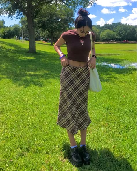 #outfit #plaidskirt #longskirt #brown #mushroom Long Skirt Outfits Aesthetic Grunge, Grunge Outfits Maxi Skirt, Indie Long Skirt Outfits, Floral Maxi Skirt Outfit Aesthetic, Long Plaid Skirt Outfit Grunge, Skirt Aesthetic, Checked Skirt, Long Skirt Outfits, Outfit Inspo Casual