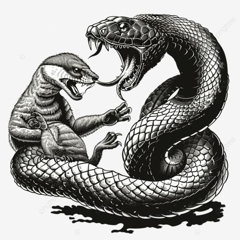 king cobra snake and mongoose fighting biting and attacking mascot retro black and white mascot co Snake And Mongoose, Map Elements, King Cobra Snake, Sketchbook Idea, Retro Black And White, Cobra Snake, King Cobra, Black Retro, Transparent Image