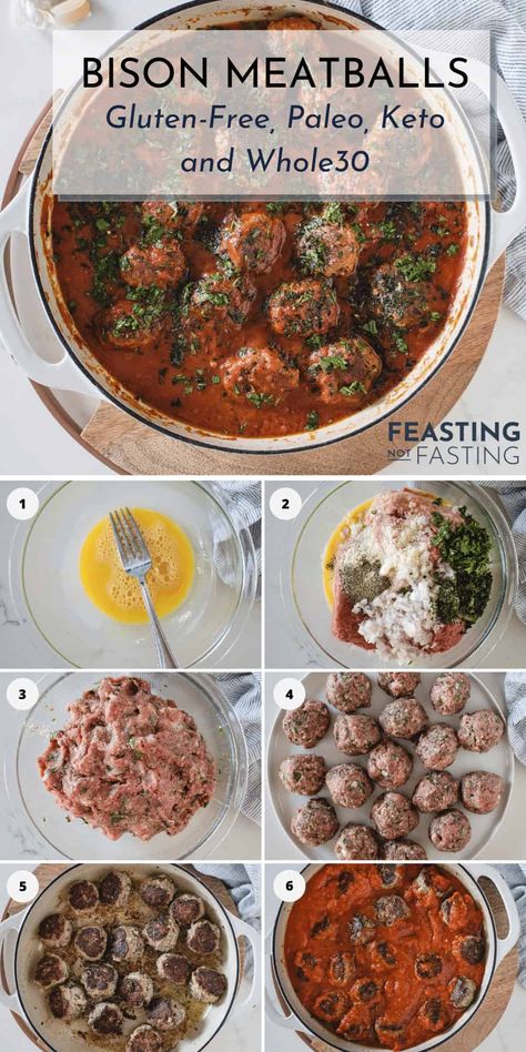 These bison meatballs are a healthy yet tasty comfort meal that can be ready in 40 minutes for a quick weeknight dinner! They are gluten free, keto, Whole30, and paleo. Since they're cooked directly in red sauce all you need to do is pair with pasta or spaghetti squash and you've got a full meal! #bisonmeatballs #glutenfreemeatballs #meatballs via @Feasting Not Fasting Recipes For Bison Meat, Bison Spaghetti Sauce, Paleo Ground Bison Recipes, Keto Bison Recipe, Meals With Bison Meat, Bison Meal Prep Recipes, Bison Keto Recipes, Bison Meatballs Baked, Ground Bison Recipes Keto