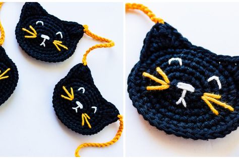 Crochet Kingdom - Learn to Crochet Cat Garland Crochet, Halloween Crochet Garland Free Pattern, Crow Crochet Applique, Black Cat Crochet Garland, Cat Garland, Crochet Black Cat Amigurumi, Garland Crochet, Crochet Kingdom, Crochet Hanging