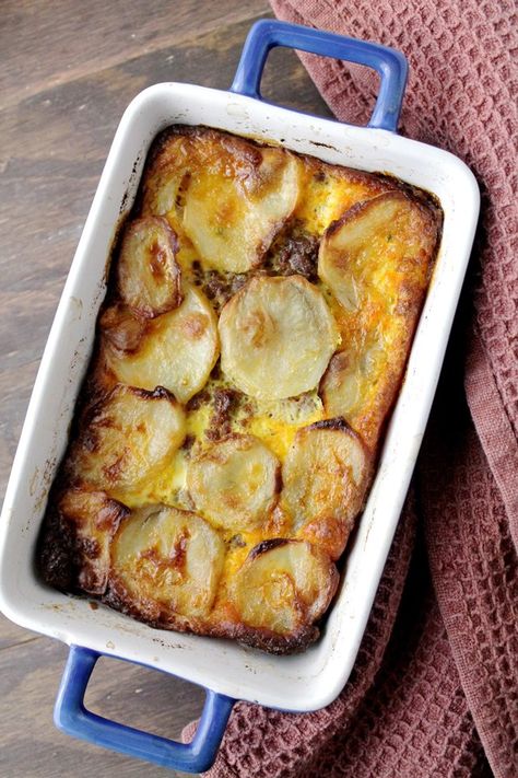 Meat and Potato Gratin {traditional Macedonian Moussaka} from @Kat Ellis Petrovska | Diethood Moussaka Recipe Easy, Moussaka Recept, Moussaka Recipe, Macedonian Food, Potato Gratin, Traditional Recipes, Minced Meat, Mediterranean Cuisine, Idee Pasto Sano