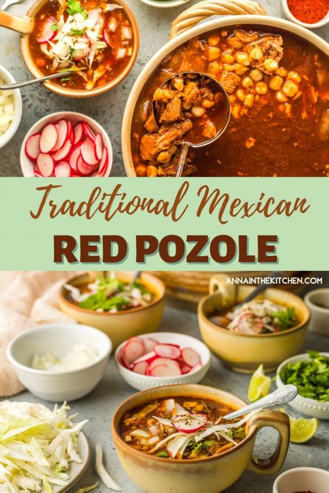 mexican food | pozole rojo | red pozole | mexican soup | mexican food authentic | easy mexican recipes | pork recipes | chicken recipes | corn recipes Colombian Soup, Red Chicken Pozole, Red Posole Recipe, Pozole Recipe Pork, Pozole Rojo Recipe, Chicken Pozole Recipe, Hominy Soup, Chicken Pozole, Posole Recipe