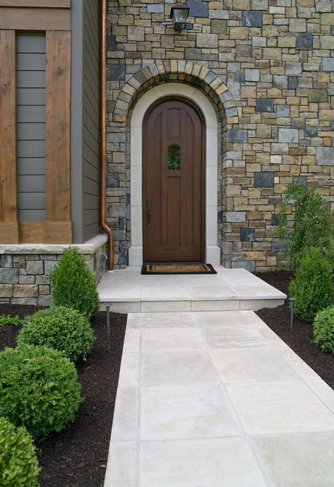 Limestone Walkway, Home Walkway, Front Porch Stone Steps, Hardscape Patio, Front Porch Stone, Indiana Limestone, Front Of Home, Stone Porches, Modern Patio Design