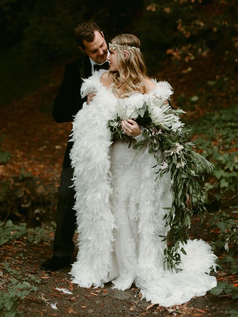 A Fairytale Forest Wedding with a Feather Cape - Green Wedding Shoes Winter Wedding Gold, Fairytale Forest Wedding, Winter Wedding Party, Winter Wedding Cape, Wedding Dress Cape, Outer Satin, Fairytale Forest, Feather Cape, Simple Bride