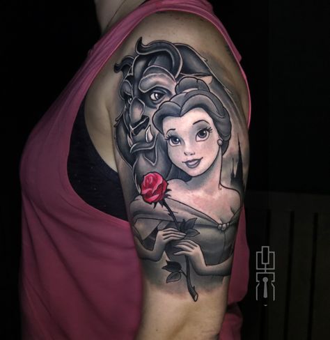 Beast Tattoo Design, Bb Tattoo, The Beast Tattoo, Dark Disney Tattoo, Arm Cover Up Tattoos, Disney Inspired Tattoos, Beast Tattoo, Belle Tattoo, Disney Sleeve Tattoos