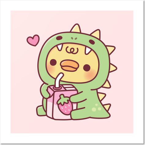 A yellow duckling is in a cute green dinosaur outfit while holding on to a packet of strawberry milk. Adorable design for duck and dinosaur lovers! -- Choose from our vast selection of art prints and posters to match with your desired size to make the perfect print or poster. Pick your favorite: Movies, TV Shows, Art, and so much more! Available in mini, small, medium, large, and extra-large depending on the design. For men, women, and children. Perfect for decoration. Small Art Painting, Cute Squirrel Art, Duck Art Cute, Strawberry Art Cute, Cute Duck Sketch, Cute Dinosaur Costume, Cute Dino Drawing, Dino Background, Stuff To Print