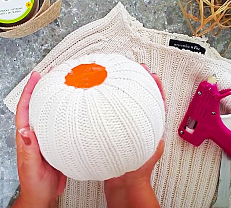 Cover A Carvable Pumpkin With A Sweater - DIY Autumn Decor - Home For The Holidays Dollar Tree Carvable Pumpkin Ideas, Sweater Covered Vases, Pumpkins Made From Sweaters, Pumpkins From Sweaters, How To Make A Pumpkin From A Sweater, Pumpkins Out Of Sweaters, Sweater Sleeve Pumpkins, Diy Sweater Pumpkins No Sew, Diy Autumn Decor